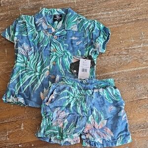 Volcom Blue and Green Leaf Print Shirt